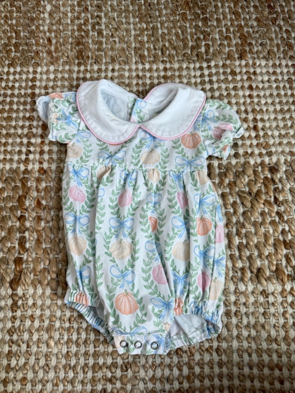 The Oaks Apparel Pumpkin Bubble Romper with Peter Pan Collar